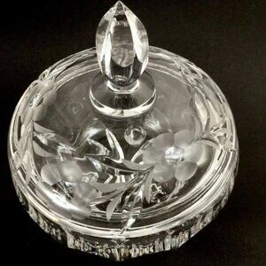 Czech Hand Cut Crystal Lidded Candy Dish Pedestal Bowl Etched Glass Lid VTG 60's